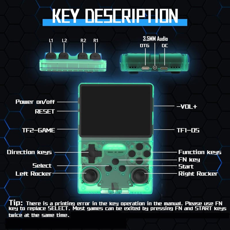 FVBADE [30000 in 1] R40S PRO Handheld Game Console 3.5 inch IPS Screen Mini Retro Console 3800mAh Portable Pocket Arcade 45+ Mainstream Emulator 256G TF Card Transparent.(Green) - Image 5